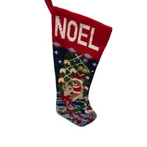 NOEL Needlepoint Embroidered Christmas Stocking with Bears & Reindeer Holiday